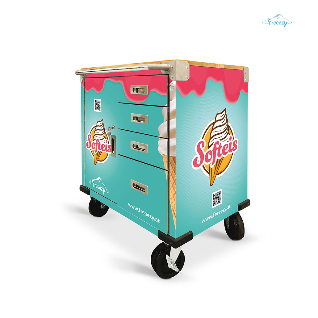 Softeis Tisch auf Rollen Seitenansicht Softeis Tisch auf Rollen Seitenansicht