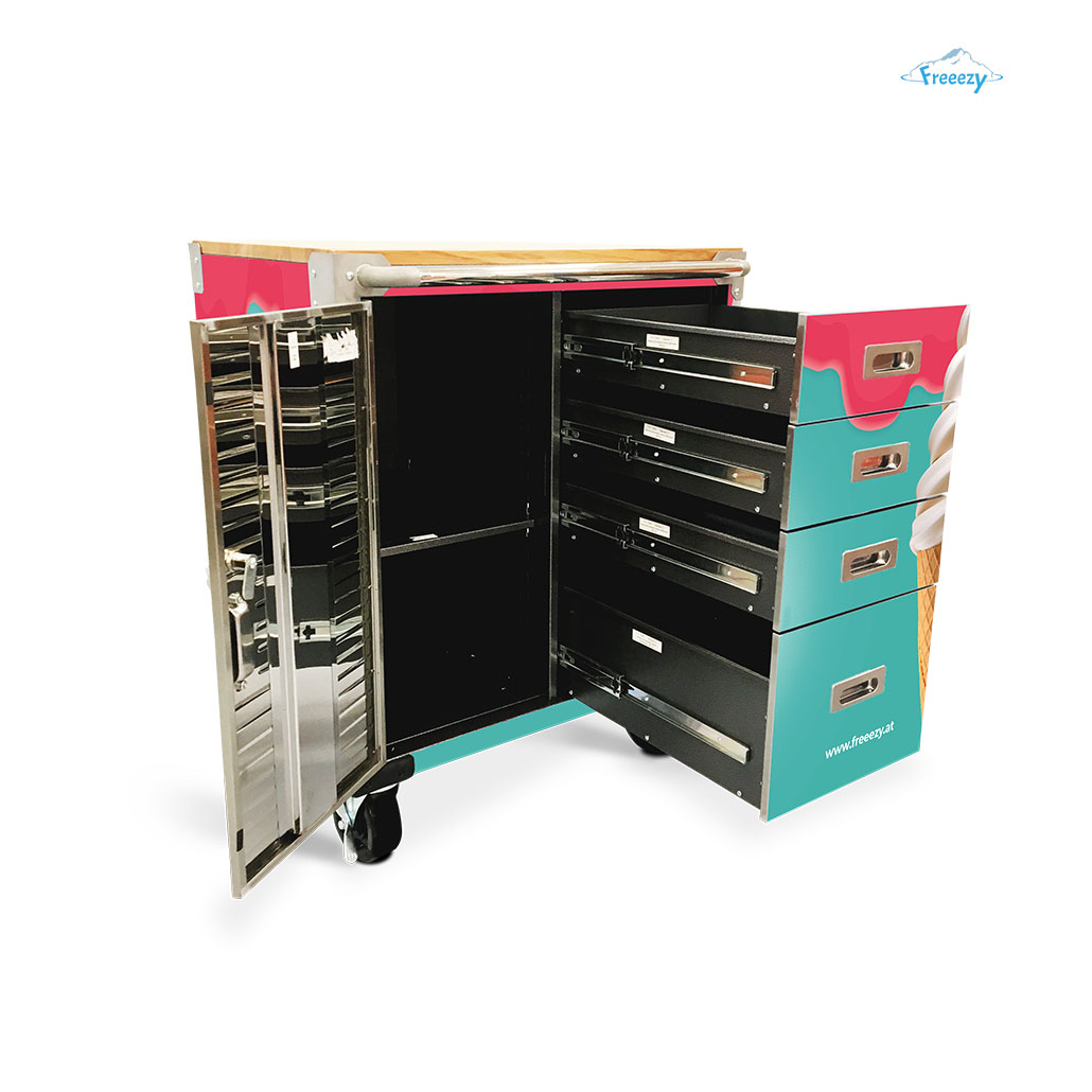 Softeis Tisch mit offenen Laden Softeis Tisch mit offenen Laden